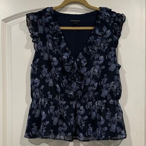 Banana Republic Navy Floral Ruffle Blouse